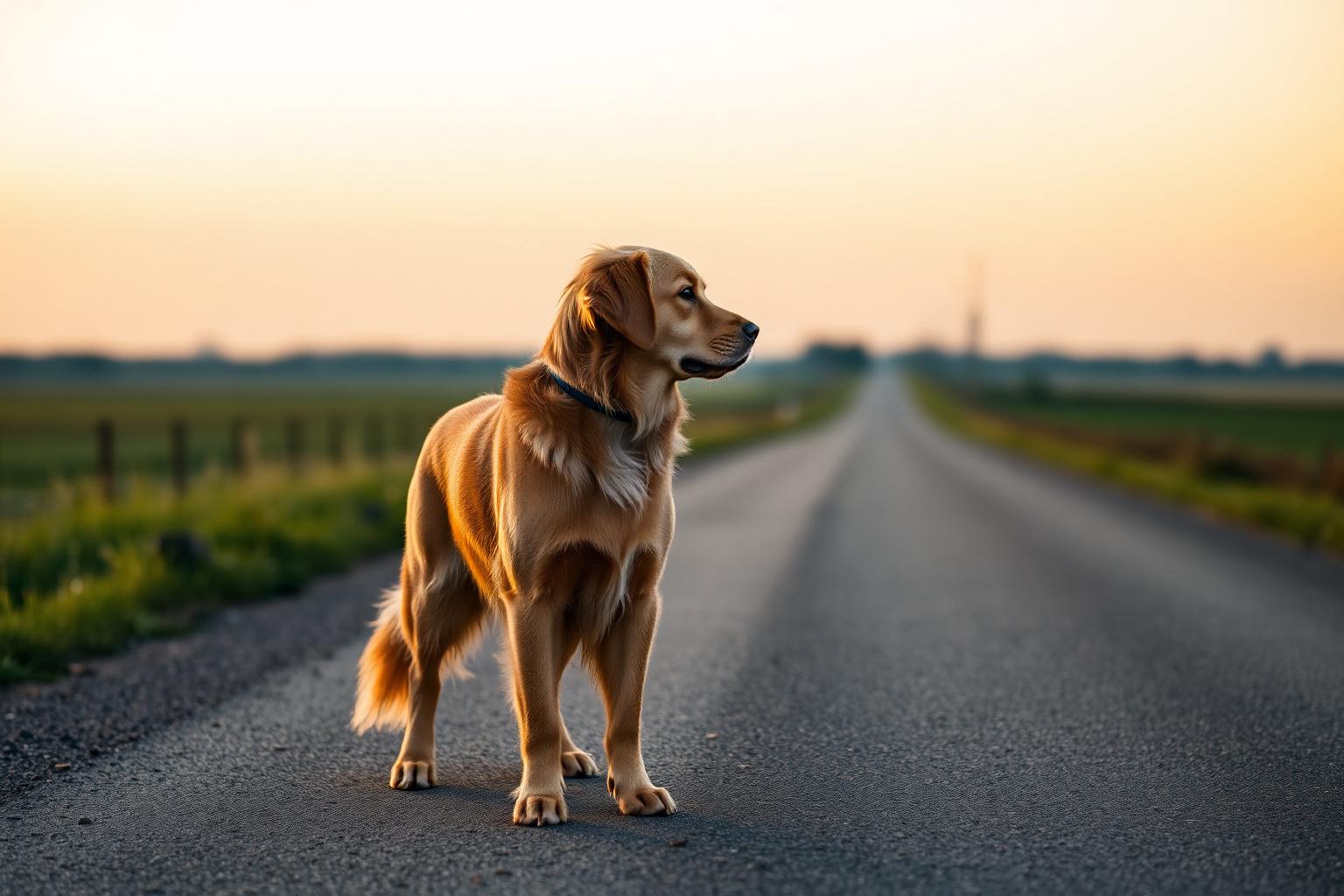Cane in un paesaggio naturale al tramonto